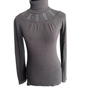 Grey Rhinestone Turtleneck Top | Stretch Knit Embellished Long Sleeve